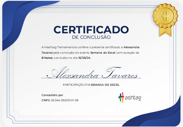 Certificado Semana do Excel Avançado - Hastag Treinamento